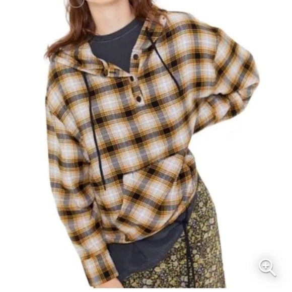 Urban Outfitters mustard black Alex plaid flannel hoodie long sleeves top - Picture 11 of 13
